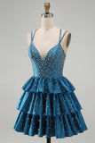 Vestidos de regresso a casa curtos com folhos da linha A azul A com folhos e contas
