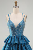 Vestidos de regresso a casa curtos com folhos da linha A azul A com folhos e contas
