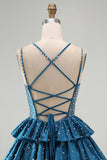 Vestidos de regresso a casa curtos com folhos da linha A azul A com folhos e contas