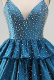 Vestidos de regresso a casa curtos com folhos da linha A azul A com folhos e contas