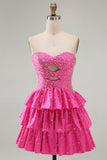 Vestido de Finalistas Fúcsia com Folhos Em Linha de Missangas
