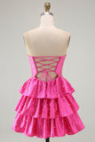 Vestido de Finalistas Fúcsia com Folhos Em Linha de Missangas