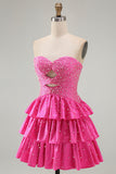 Vestido de Finalistas Fúcsia com Folhos Em Linha de Missangas