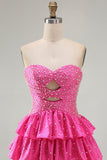 Vestido de Finalistas Fúcsia com Folhos Em Linha de Missangas