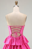 Vestido de Finalistas Fúcsia com Folhos Em Linha de Missangas