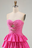 Vestido de Finalistas Fúcsia com Folhos Em Linha de Missangas