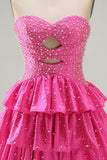 Vestido de Finalistas Fúcsia com Folhos Em Linha de Missangas