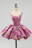 Espartilho Jacquard Floral Linha Vermelha com Bainha Bolha Vestido Curto de Regresso a Casa