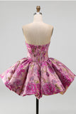 Espartilho Jacquard Floral Linha Vermelha com Bainha Bolha Vestido Curto de Regresso a Casa