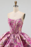 Espartilho Jacquard Floral Linha Vermelha com Bainha Bolha Vestido Curto de Regresso a Casa