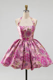 Vestido curto de regresso a casa com decote Jacquard com gola halterda e bolha Jacquard