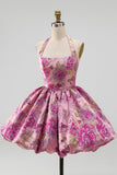 Vestido curto de regresso a casa com decote Jacquard com gola halterda e bolha Jacquard