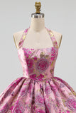 Vestido curto de regresso a casa com decote Jacquard com gola halterda e bolha Jacquard