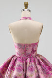 Vestido curto de regresso a casa com decote Jacquard com gola halterda e bolha Jacquard