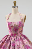 Vestido curto de regresso a casa com decote Jacquard com gola halterda e bolha Jacquard
