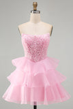 Lantejoulas cor-de-rosa brilhantes com lantejoulas com folhos pérolas Vestido de regresso a casa curto em camadas