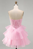 Lantejoulas cor-de-rosa brilhantes com lantejoulas com folhos pérolas Vestido de regresso a casa curto em camadas