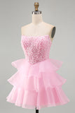 Lantejoulas cor-de-rosa brilhantes com lantejoulas com folhos pérolas Vestido de regresso a casa curto em camadas