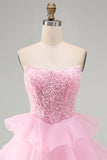 Lantejoulas cor-de-rosa brilhantes com lantejoulas com folhos pérolas Vestido de regresso a casa curto em camadas