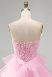 Lantejoulas cor-de-rosa brilhantes com lantejoulas com folhos pérolas Vestido de regresso a casa curto em camadas