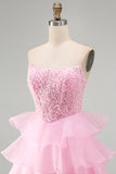 Lantejoulas cor-de-rosa brilhantes com lantejoulas com folhos pérolas Vestido de regresso a casa curto em camadas
