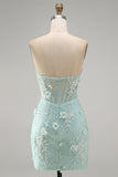 Pérolas de renda apertadas sem alças Corset floral translúcido 3D Vestido curto de regresso a casa