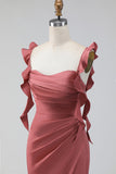 Alças de terracota com folhos Vestido de Convidado de Noiva Vestido de Casamento Longo com Fenda