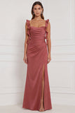 Alças de terracota com folhos Vestido de Convidado de Noiva Vestido de Casamento Longo com Fenda