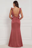 Alças de terracota com folhos Vestido de Convidado de Noiva Vestido de Casamento Longo com Fenda