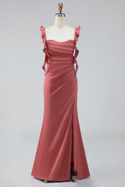 Alças de terracota com folhos Vestido de Convidado de Noiva Vestido de Casamento Longo com Fenda