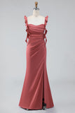 Alças de terracota com folhos Vestido de Convidado de Noiva Vestido de Casamento Longo com Fenda