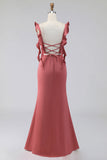 Alças de terracota com folhos Vestido de Convidado de Noiva Vestido de Casamento Longo com Fenda