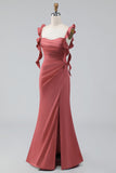 Alças de terracota com folhos Vestido de Convidado de Noiva Vestido de Casamento Longo com Fenda