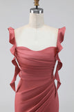 Alças de terracota com folhos Vestido de Convidado de Noiva Vestido de Casamento Longo com Fenda
