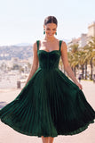 Espartilho verde-escuro Vestido Midi com alças grossas plissadas em linha A