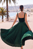 Espartilho verde-escuro Vestido Midi com alças grossas plissadas em linha A