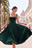 Espartilho verde-escuro Vestido Midi com alças grossas plissadas em linha A