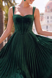 Espartilho verde-escuro Vestido Midi com alças grossas plissadas em linha A