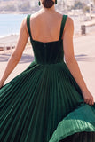 Espartilho verde-escuro Vestido Midi com alças grossas plissadas em linha A