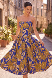 Vestido Midi Azul Real A-Line Strapless Franzado, Estampado Floral e Estampado