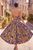Vestido Midi Azul Real A-Line Strapless Franzado, Estampado Floral e Estampado