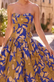 Vestido Midi Azul Real A-Line Strapless Franzado, Estampado Floral e Estampado
