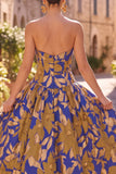 Vestido Midi Azul Real A-Line Strapless Franzado, Estampado Floral e Estampado