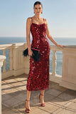 Vestido Midi com alças finas com lantejoulas brilhantes em Borgonha