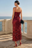 Vestido Midi com alças finas com lantejoulas brilhantes em Borgonha