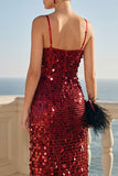 Vestido Midi com alças finas com lantejoulas brilhantes em Borgonha