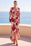 Vestido Maxi A-Line Franzido com Estampado de Flores Vermelhas Cor-de-rosa, Decote em V, Alta e Baixa com Folhos