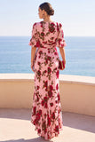 Vestido Maxi A-Line Franzido com Estampado de Flores Vermelhas Cor-de-rosa, Decote em V, Alta e Baixa com Folhos