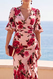 Vestido Maxi A-Line Franzido com Estampado de Flores Vermelhas Cor-de-rosa, Decote em V, Alta e Baixa com Folhos