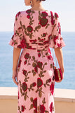 Vestido Maxi A-Line Franzido com Estampado de Flores Vermelhas Cor-de-rosa, Decote em V, Alta e Baixa com Folhos